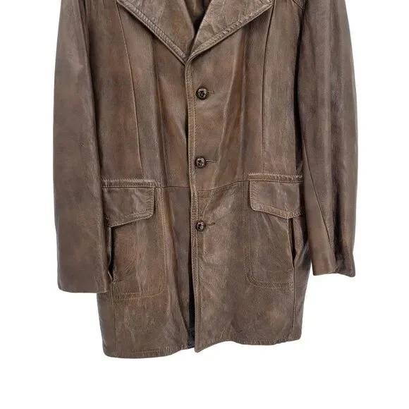 70s Leather Jacket Mottled Crackle Brown Duster Blazer Button Hippy Streetwear L - Picture 8 of 14